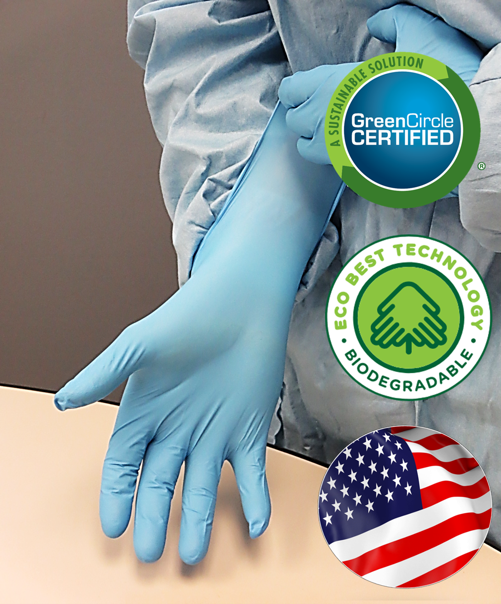 7005PF Showa® Biodegradable Single-Use Powder-Free Latex-Free 4-Mil Blue EBT Nitrile Gloves Made in USA